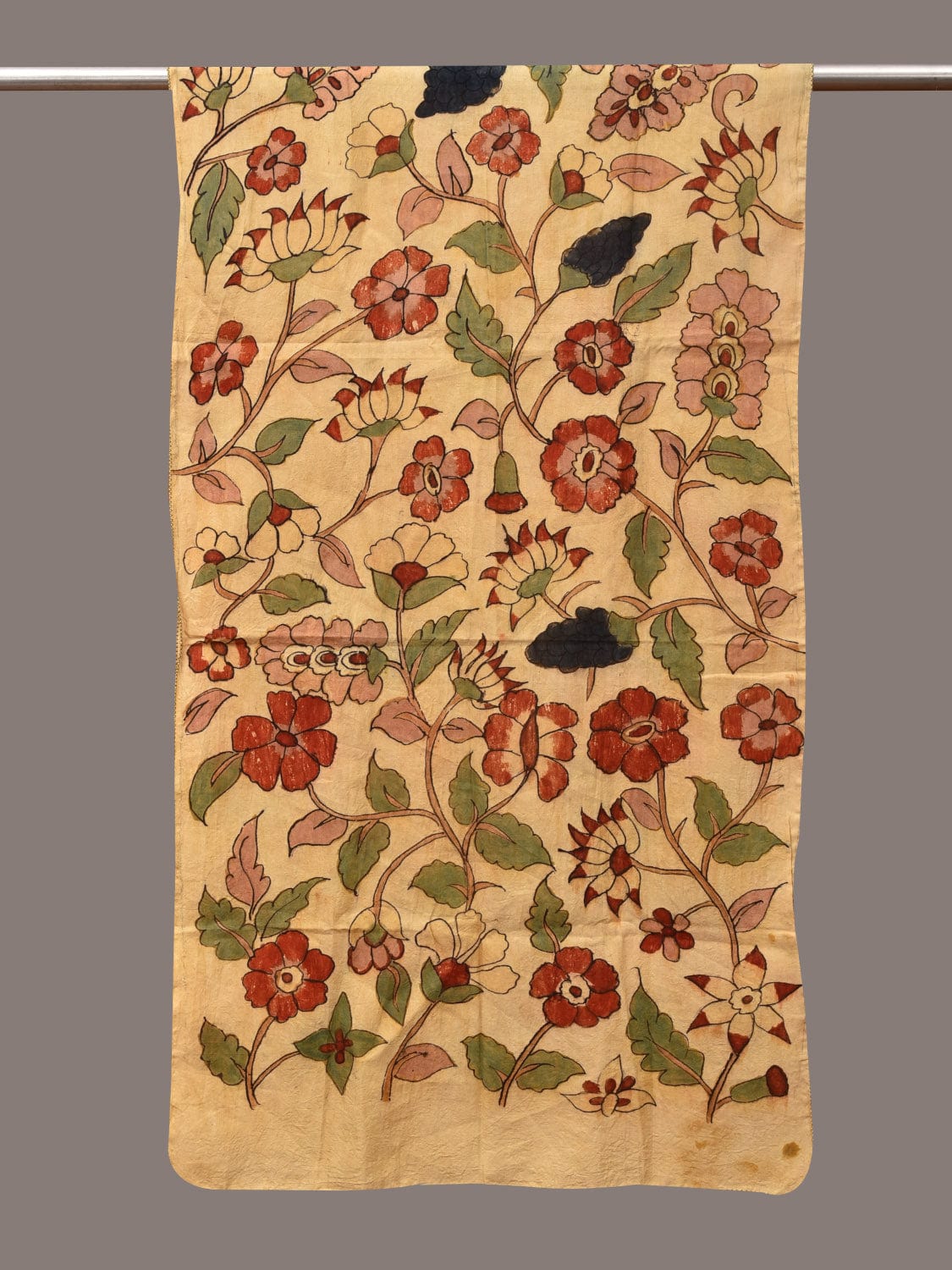 Cream Kalamkari Hand Painted Sico Stole with Floral Design - Global Threads