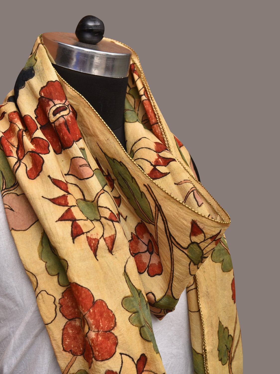 Cream Kalamkari Hand Painted Sico Stole with Floral Design - Global Threads