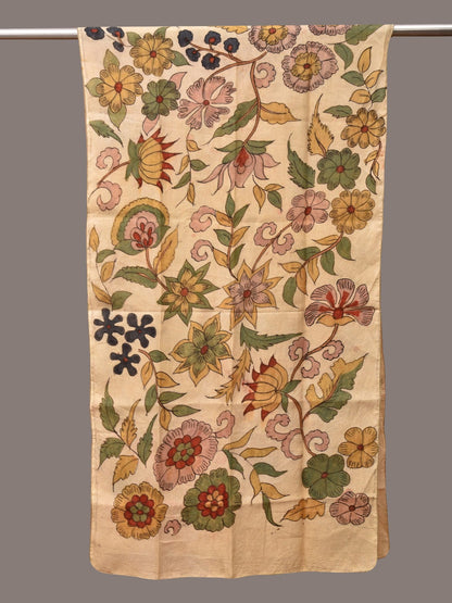 Cream Kalamkari Hand Painted Sico Stole with Floral Design - Global Threads
