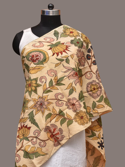 Cream Kalamkari Hand Painted Sico Stole with Floral Design - Global Threads