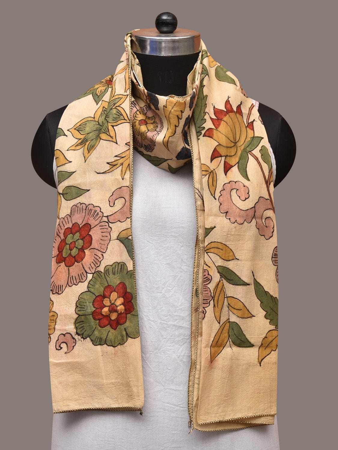 Cream Kalamkari Hand Painted Sico Stole with Floral Design - Global Threads