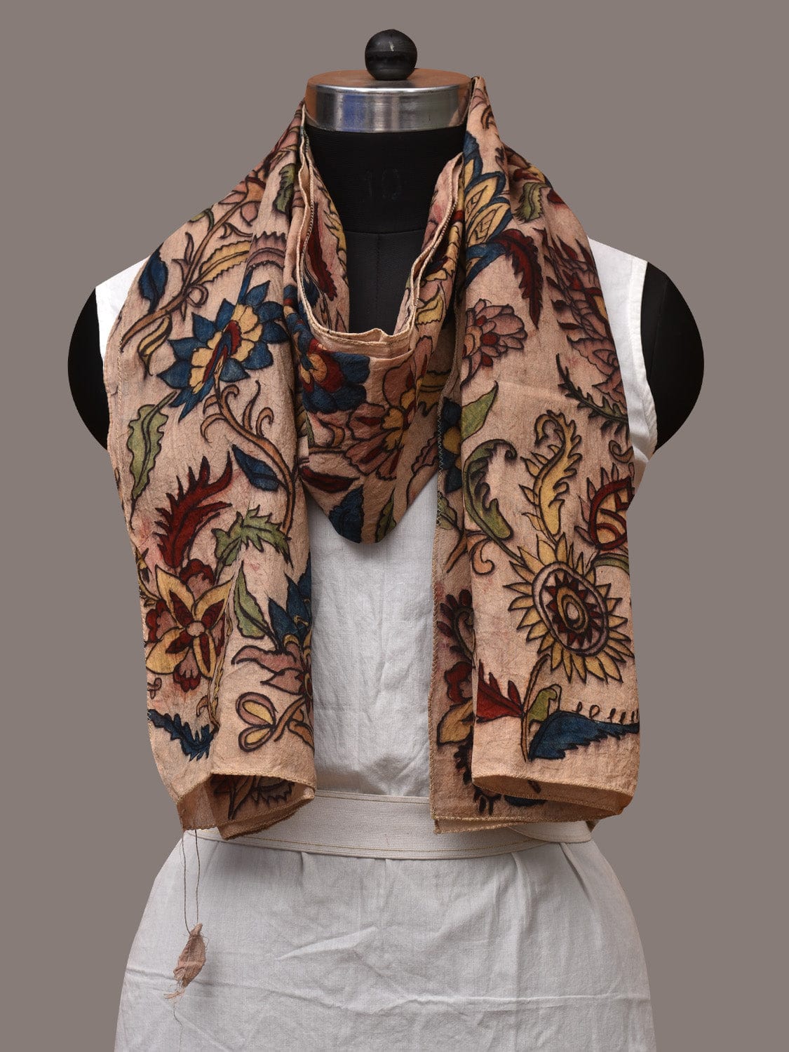 Cream Kalamkari Hand Painted Sico Stole with Floral Design - Global Threads