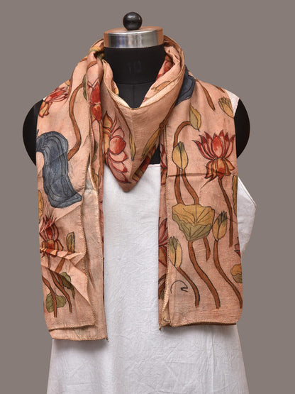 Cream Kalamkari Hand Painted Sico Stole with Lotus and Peacocks Design - Global Threads