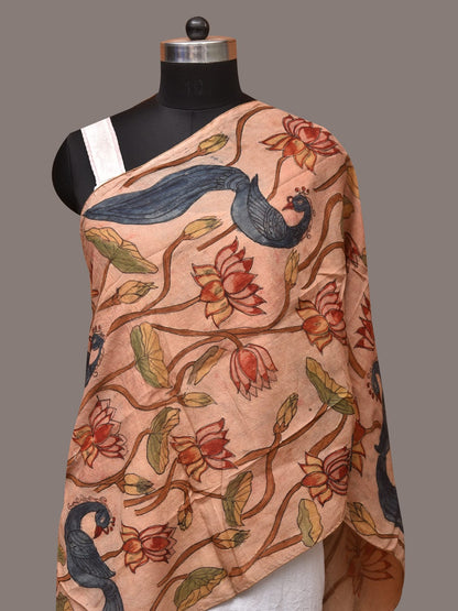 Cream Kalamkari Hand Painted Sico Stole with Lotus and Peacocks Design - Global Threads