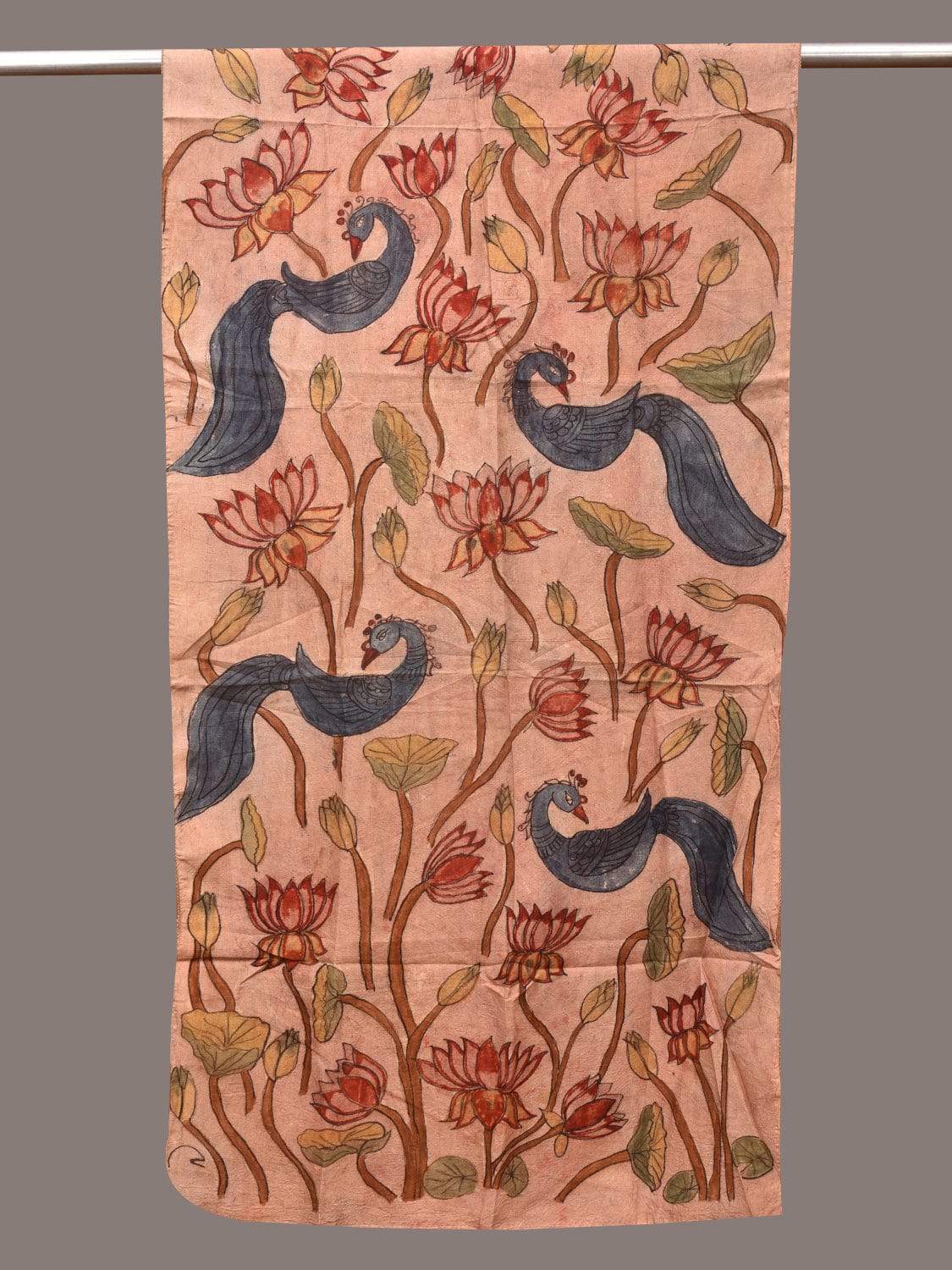 Cream Kalamkari Hand Painted Sico Stole with Lotus and Peacocks Design - Global Threads