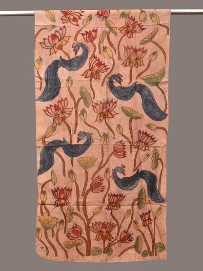 Cream Kalamkari Hand Painted Sico Stole with Lotus and Peacocks Design - Global Threads