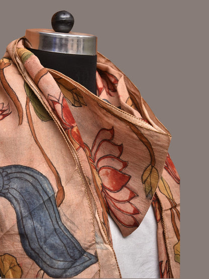 Cream Kalamkari Hand Painted Sico Stole with Lotus and Peacocks Design - Global Threads