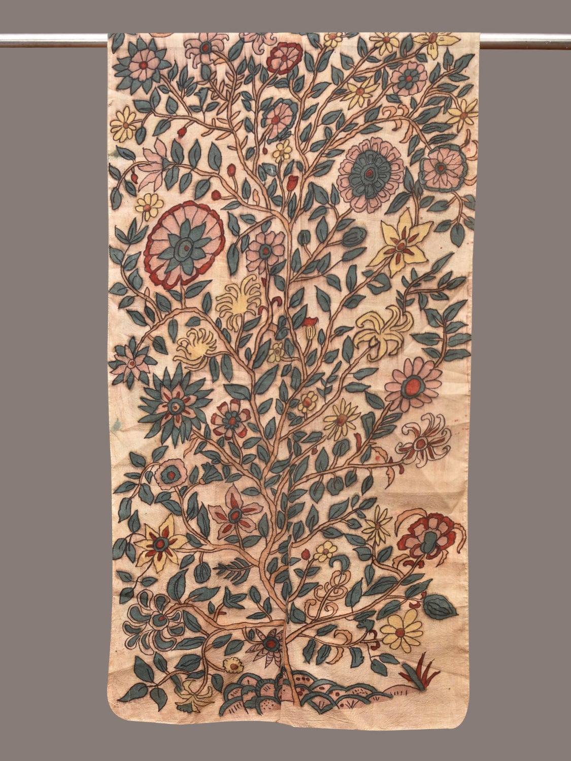 Cream Kalamkari Hand Painted Sico Stole with Tree of Life Design - Global Threads