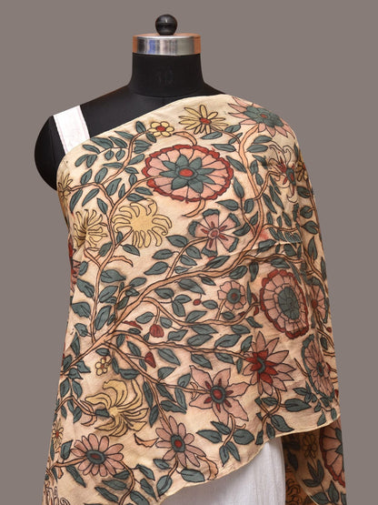 Cream Kalamkari Hand Painted Sico Stole with Tree of Life Design - Global Threads
