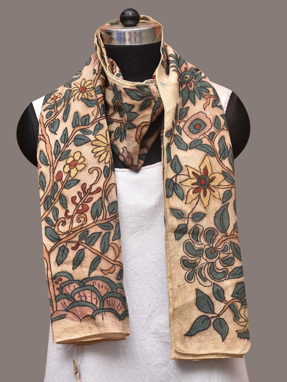 Cream Kalamkari Hand Painted Sico Stole with Tree of Life Design - Global Threads