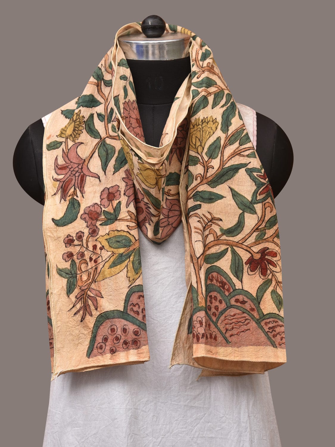 Cream Kalamkari Hand Painted Sico Stole with Tree of Life Design - Global Threads