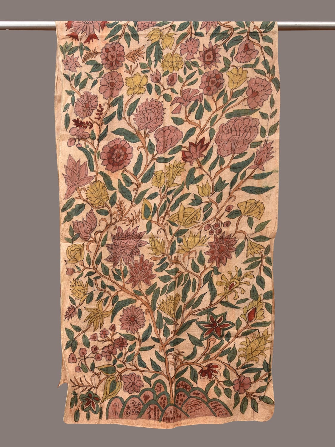 Cream Kalamkari Hand Painted Sico Stole with Tree of Life Design - Global Threads
