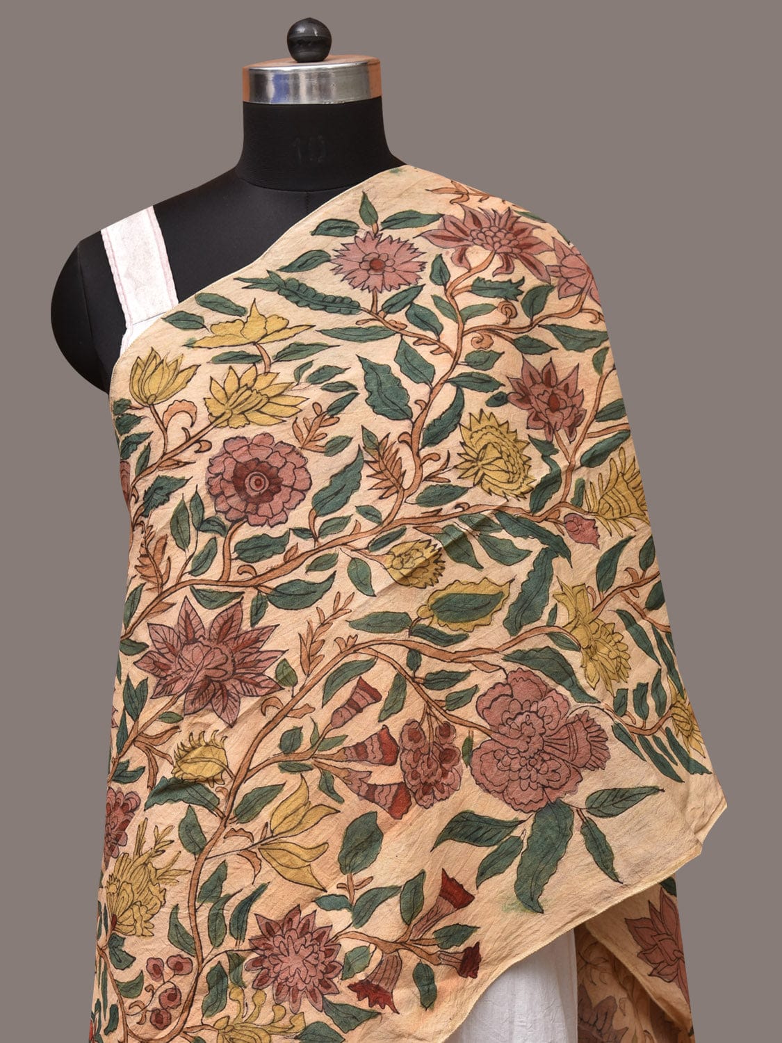 Cream Kalamkari Hand Painted Sico Stole with Tree of Life Design - Global Threads
