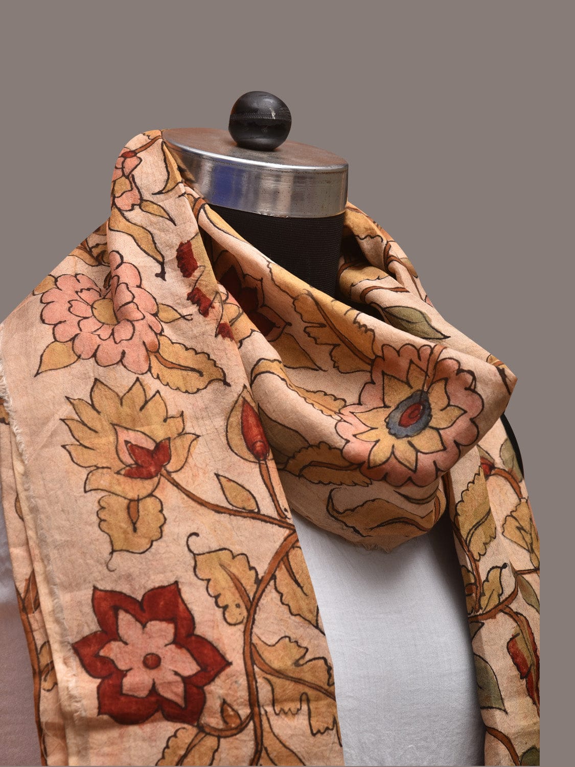 Cream Kalamkari Hand Painted Sico Stole with Tree of Life Design - Global Threads