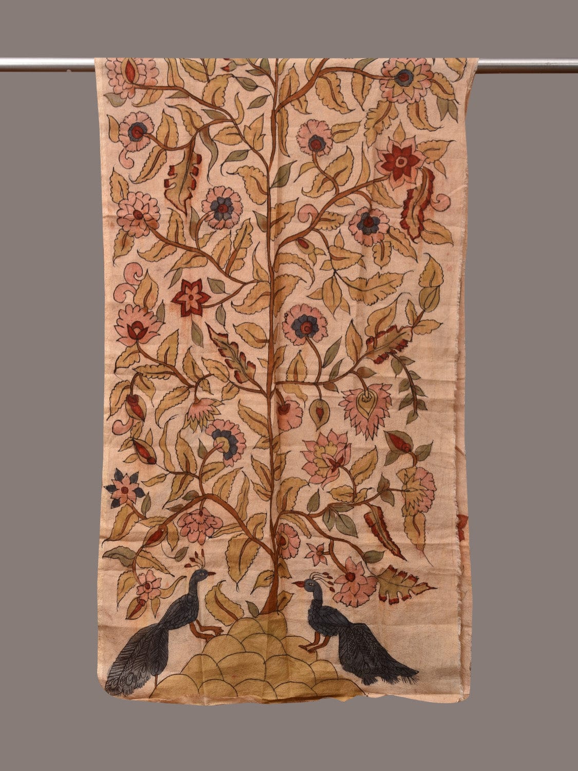 Cream Kalamkari Hand Painted Sico Stole with Tree of Life Design - Global Threads
