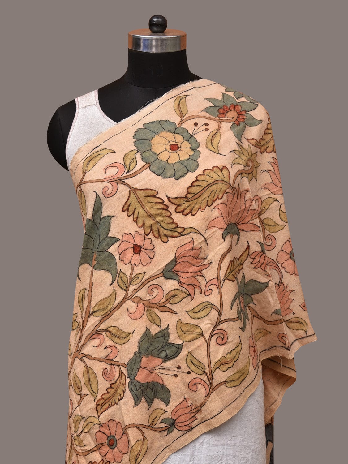 Cream Kalamkari Hand Painted Sico Stole with Tree of Life Design - Global Threads