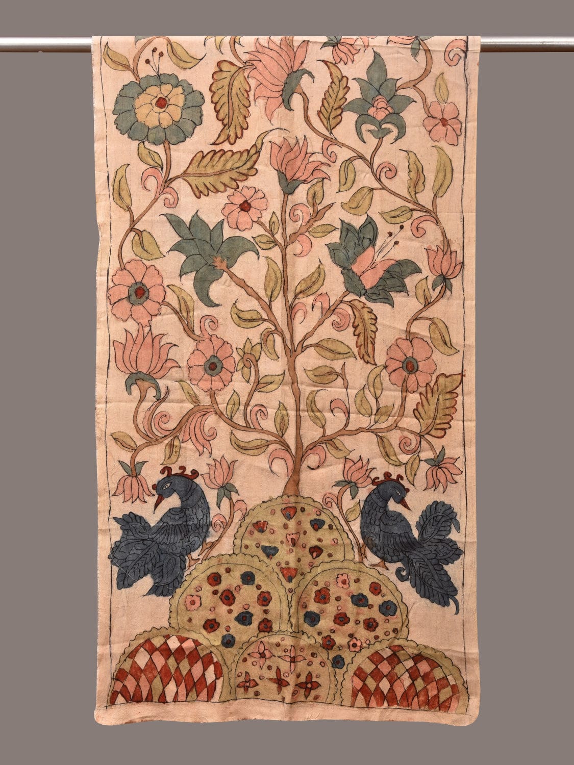 Cream Kalamkari Hand Painted Sico Stole with Tree of Life Design - Global Threads