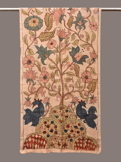 Cream Kalamkari Hand Painted Sico Stole with Tree of Life Design - Global Threads