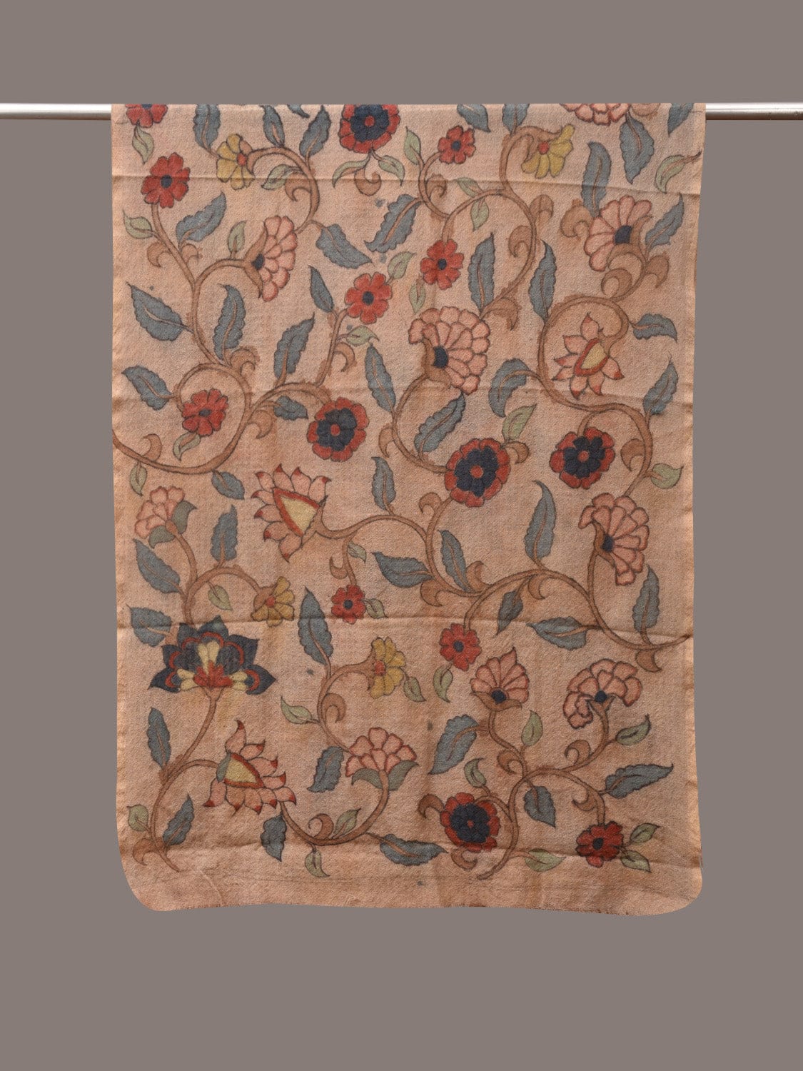 Cream Kalamkari Hand Painted Woolen Handloom Stole with Floral Design - Global Threads