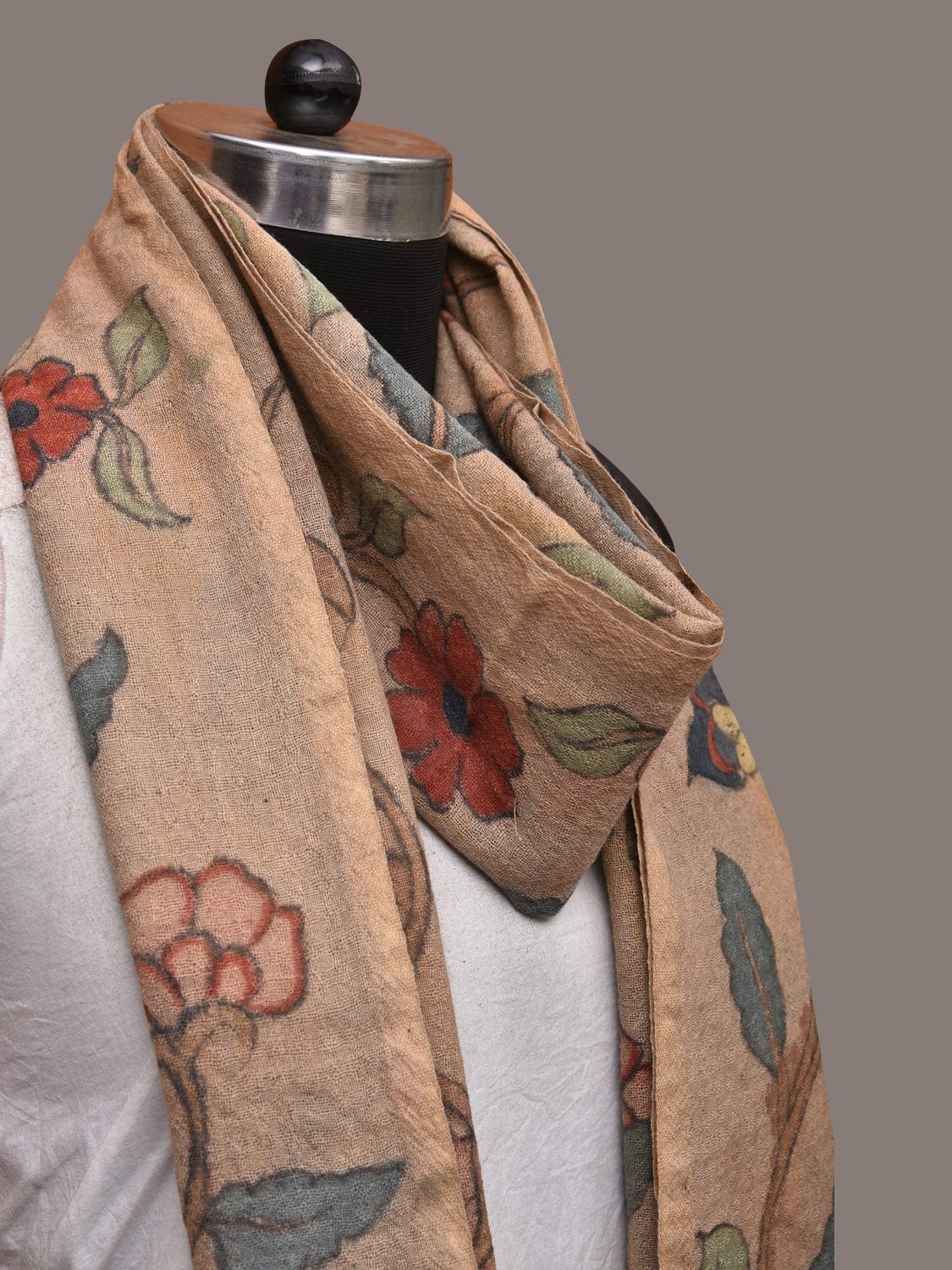 Cream Kalamkari Hand Painted Woolen Handloom Stole with Floral Design - Global Threads