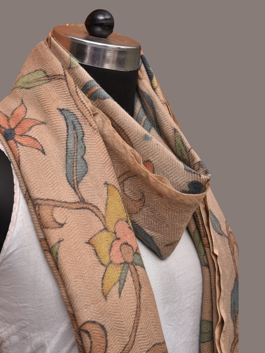 Cream Kalamkari Hand Painted Woolen Handloom Stole with Floral Design - Global Threads