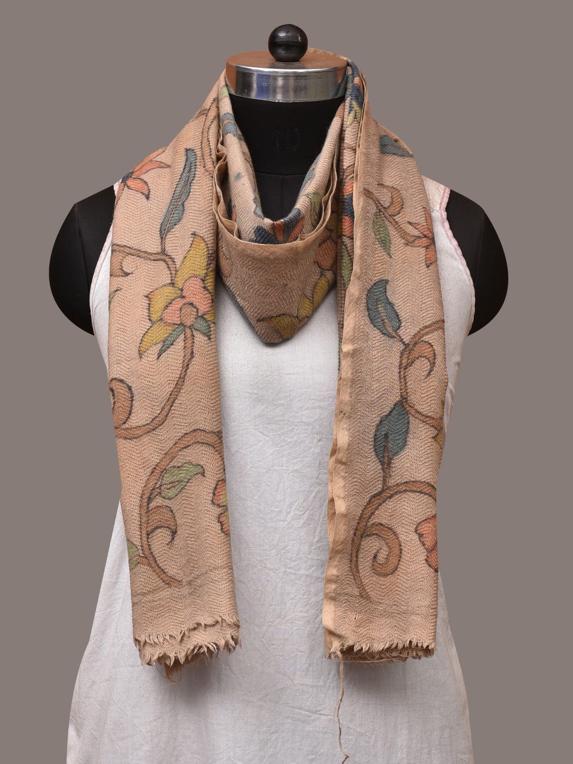 Cream Kalamkari Hand Painted Woolen Handloom Stole with Floral Design - Global Threads