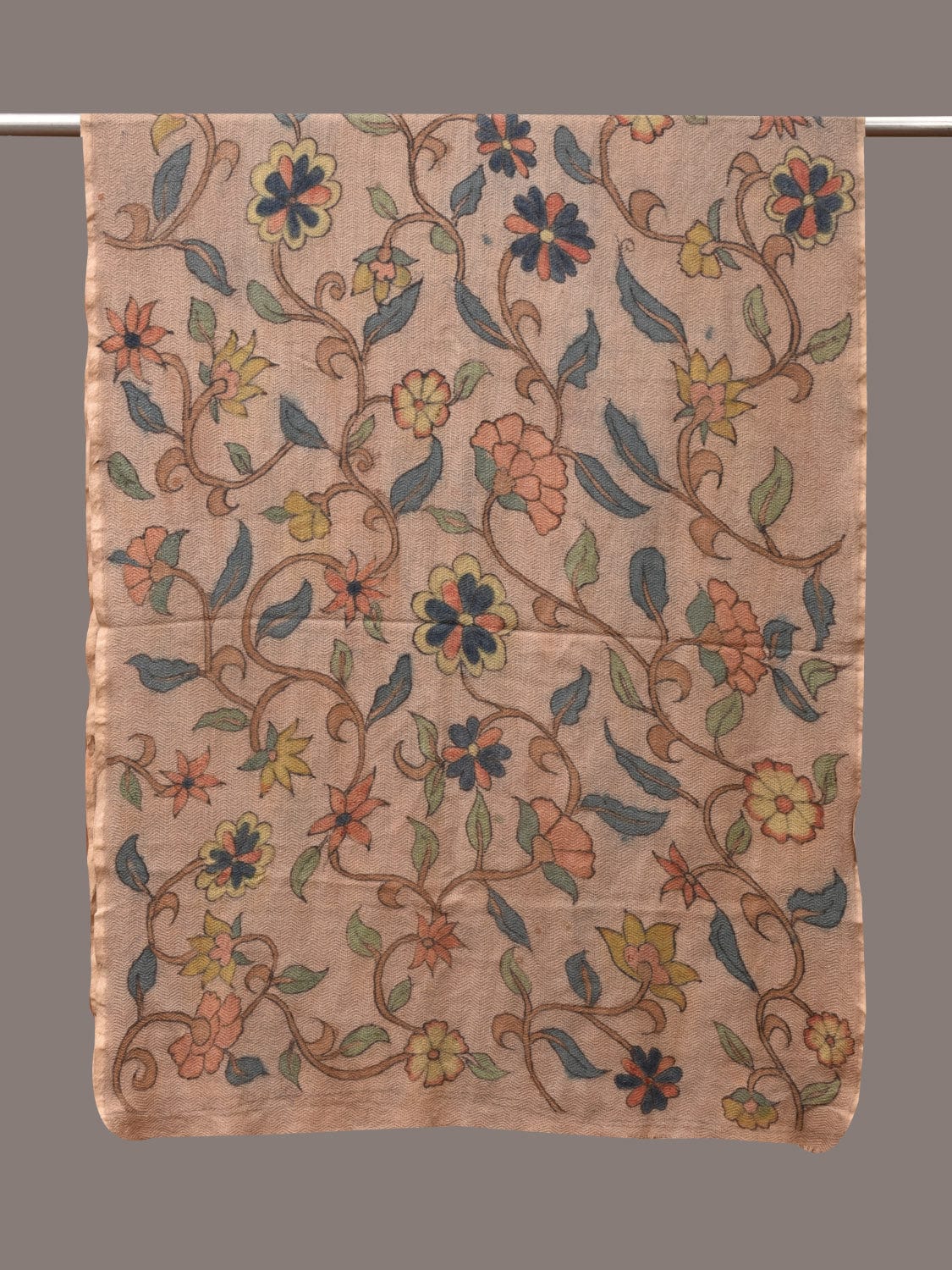 Cream Kalamkari Hand Painted Woolen Handloom Stole with Floral Design - Global Threads