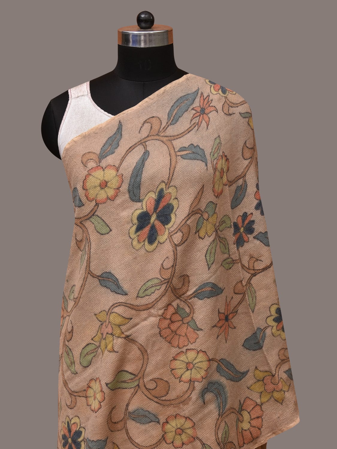 Cream Kalamkari Hand Painted Woolen Handloom Stole with Floral Design - Global Threads