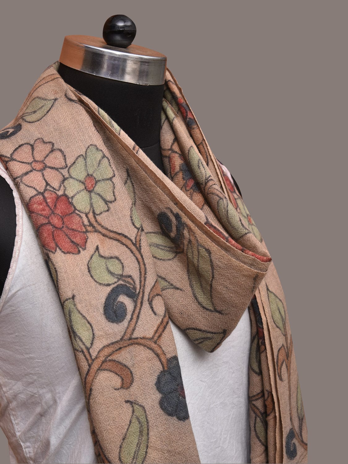 Cream Kalamkari Hand Painted Woolen Handloom Stole with Floral Design - Global Threads
