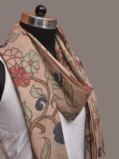 Cream Kalamkari Hand Painted Woolen Handloom Stole with Floral Design - Global Threads