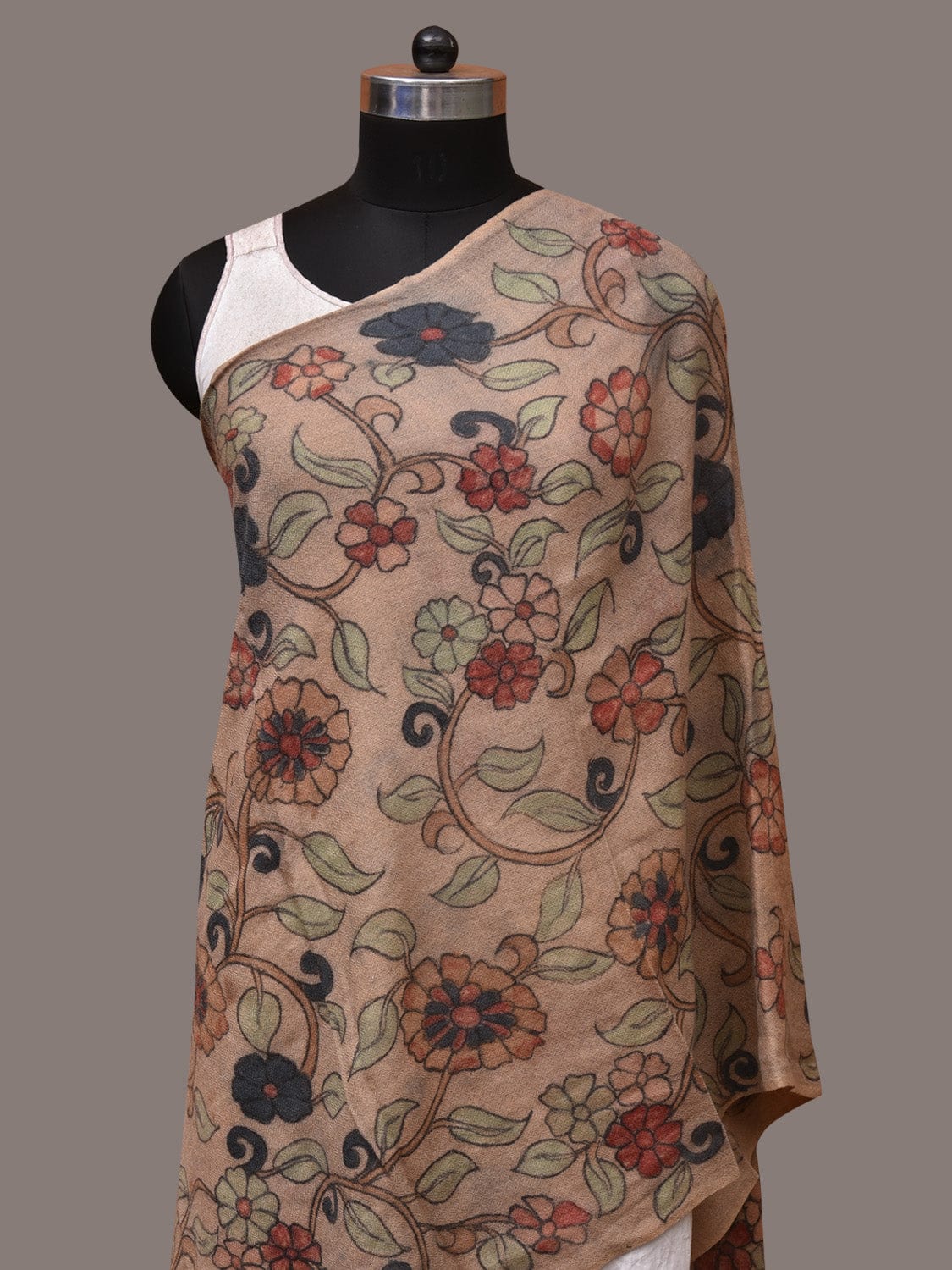 Cream Kalamkari Hand Painted Woolen Handloom Stole with Floral Design - Global Threads