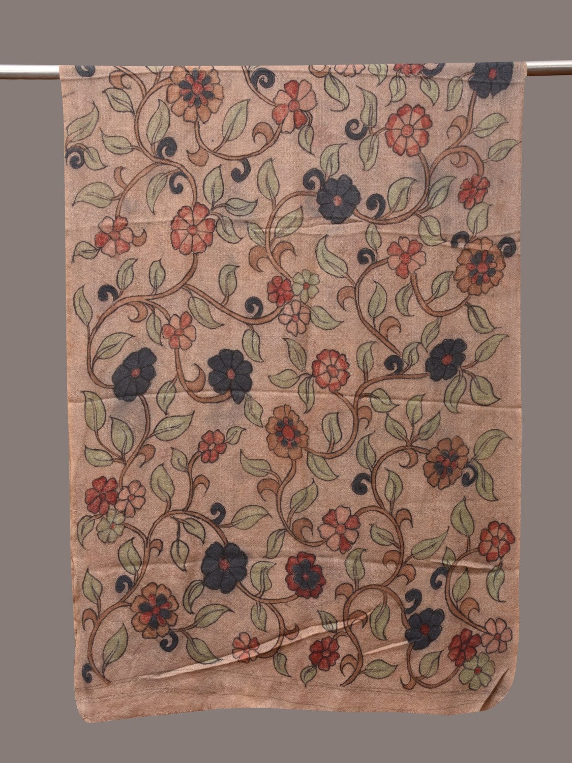 Cream Kalamkari Hand Painted Woolen Handloom Stole with Floral Design - Global Threads