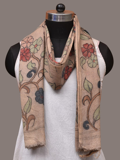 Cream Kalamkari Hand Painted Woolen Handloom Stole with Floral Design - Global Threads