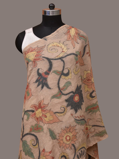 Cream Kalamkari Hand Painted Woolen Handloom Stole with Floral Design - Global Threads