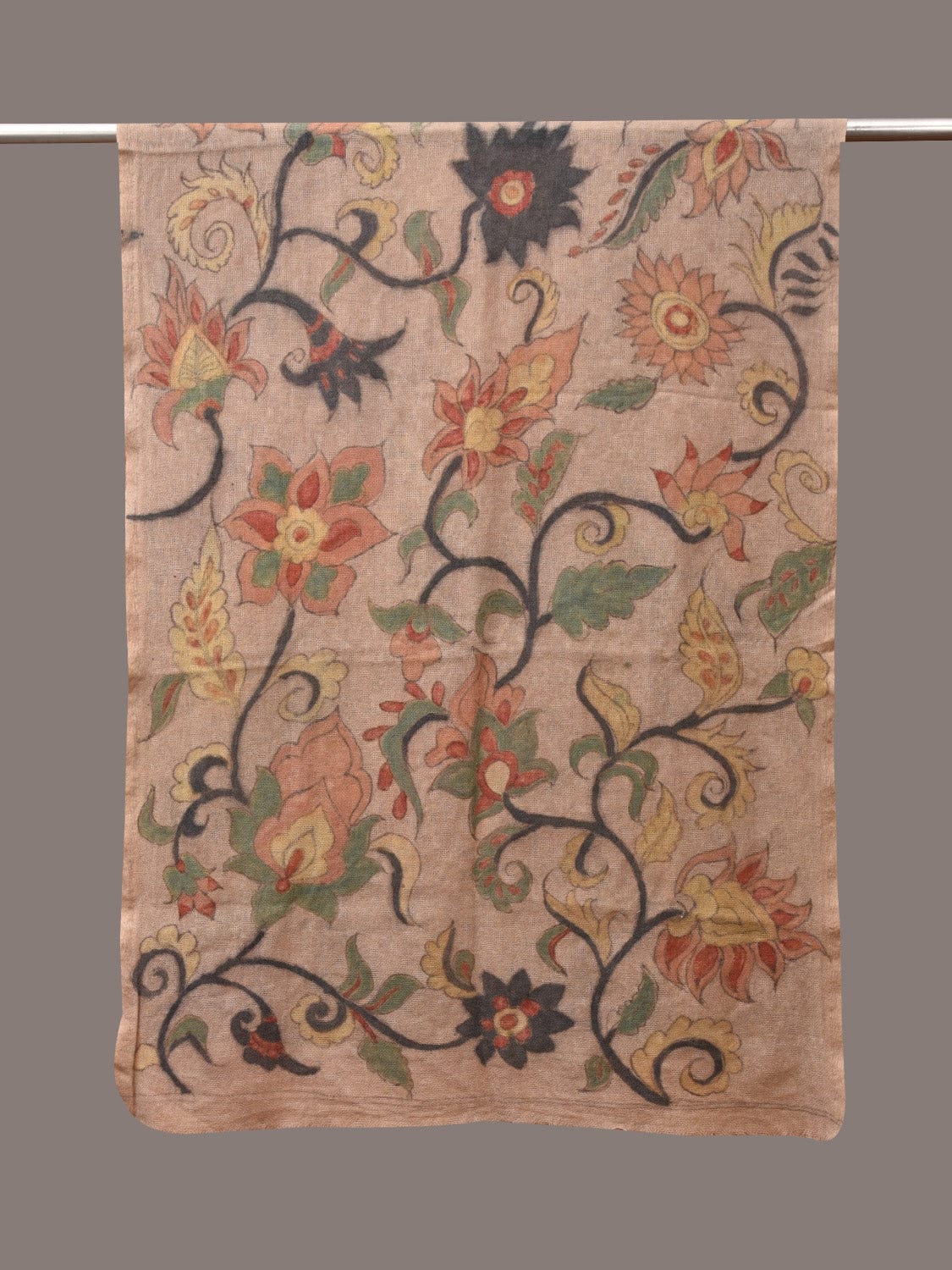 Cream Kalamkari Hand Painted Woolen Handloom Stole with Floral Design - Global Threads