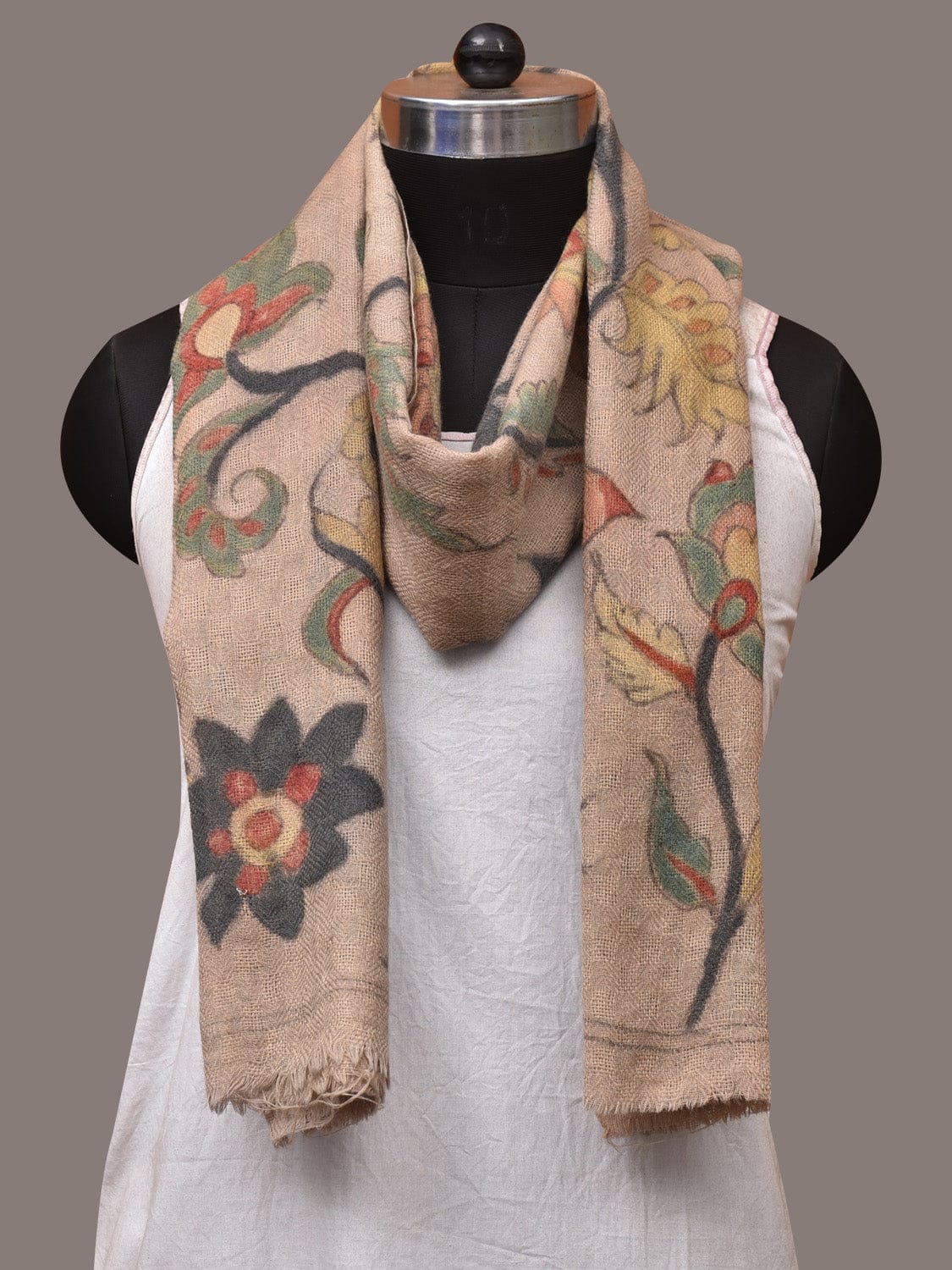 Cream Kalamkari Hand Painted Woolen Handloom Stole with Floral Design - Global Threads