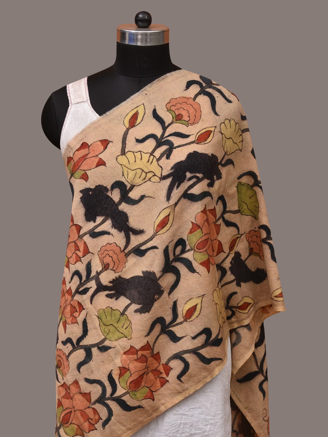 Cream Kalamkari Hand Painted Woolen Handloom Stole with Lotus and Fish Design - Global Threads