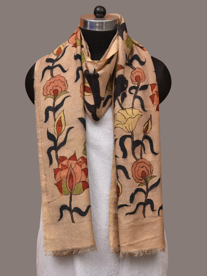 Cream Kalamkari Hand Painted Woolen Handloom Stole with Lotus and Fish Design - Global Threads