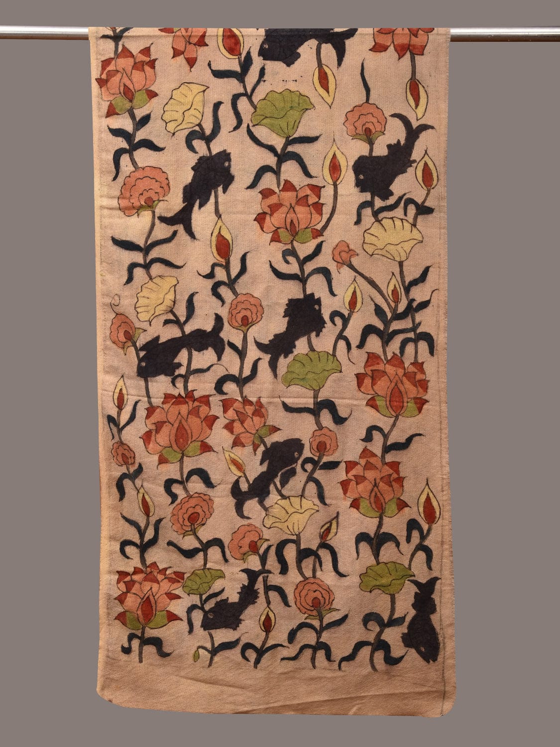 Cream Kalamkari Hand Painted Woolen Handloom Stole with Lotus and Fish Design - Global Threads