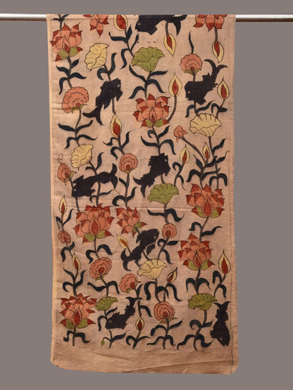 Cream Kalamkari Hand Painted Woolen Handloom Stole with Lotus and Fish Design - Global Threads