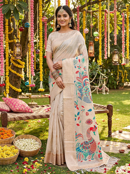 Anaita Cream Linen Cotton Woven Saree With Blouse