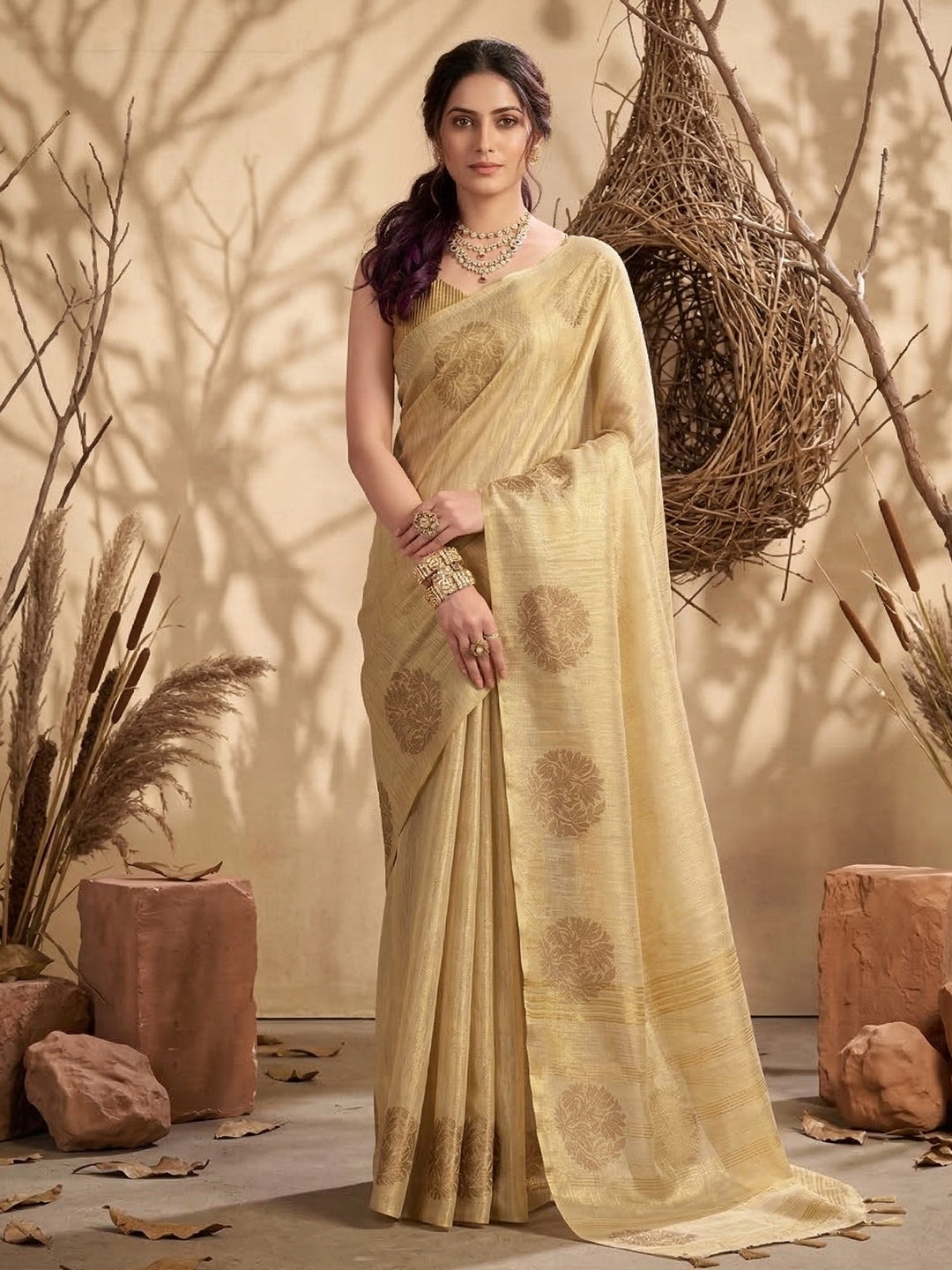 Anaita Cream Tissue Silk Woven Saree With Blouse