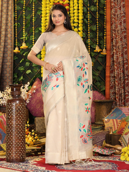 Anaita Cream Linen Cotton Woven Saree With Blouse