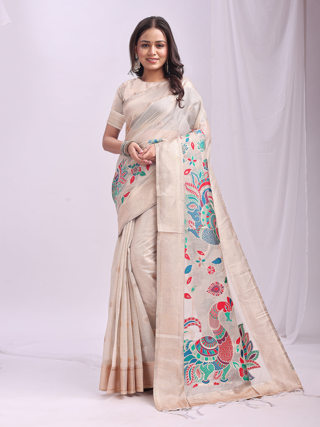 Anaita Cream Linen Cotton Woven Saree With Blouse