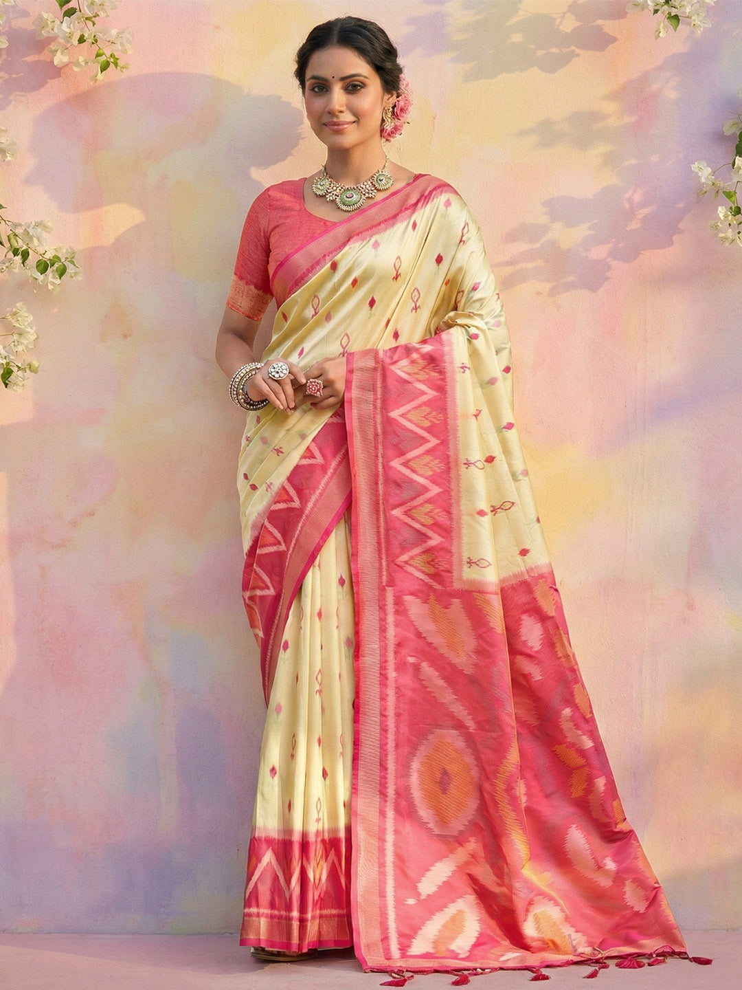 Anaita Cream Soft Silk Printed Saree With Blouse
