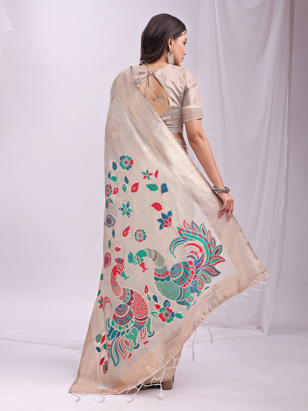 Anaita Cream Linen Cotton Woven Saree With Blouse