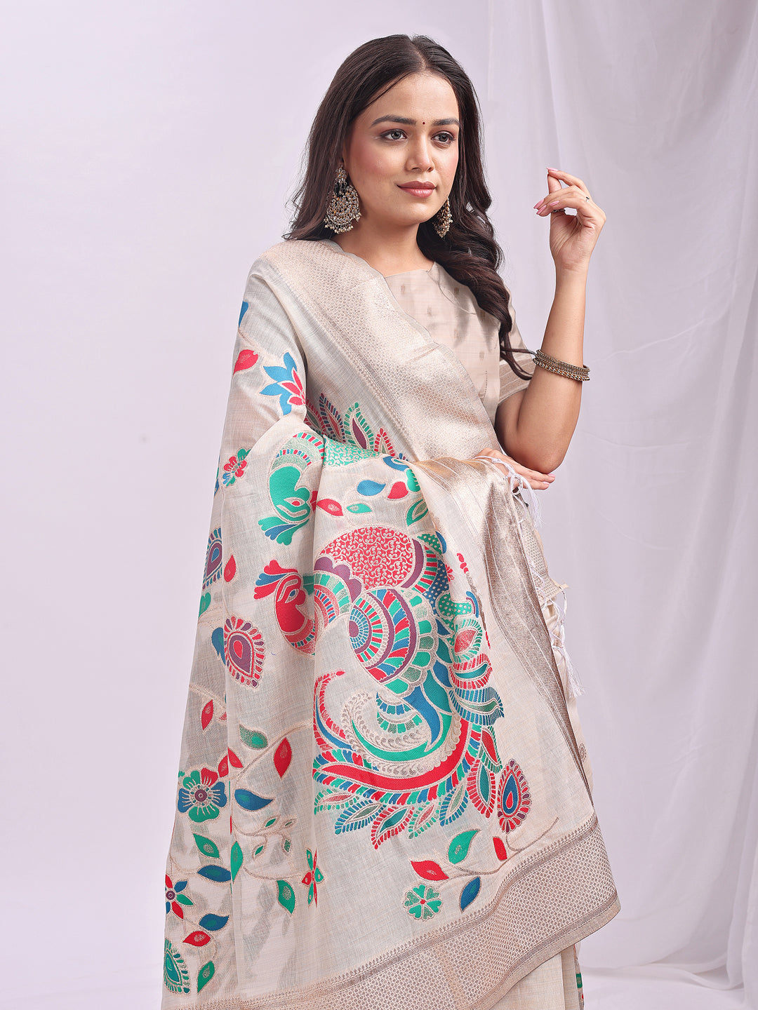 Anaita Cream Linen Cotton Woven Saree With Blouse