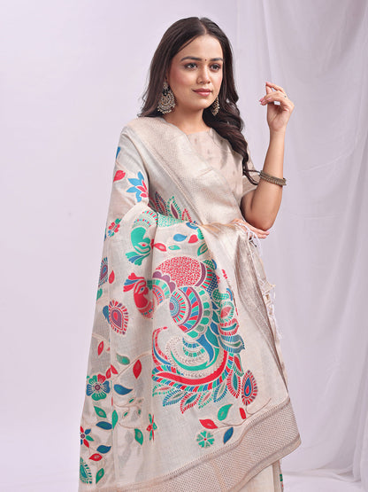 Anaita Cream Linen Cotton Woven Saree With Blouse