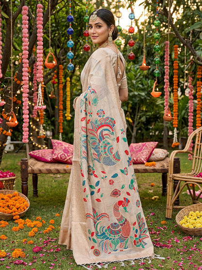 Anaita Cream Linen Cotton Woven Saree With Blouse