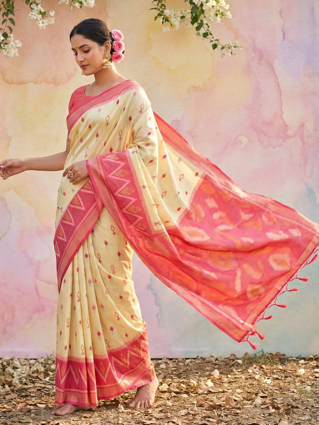 Anaita Cream Soft Silk Printed Saree With Blouse